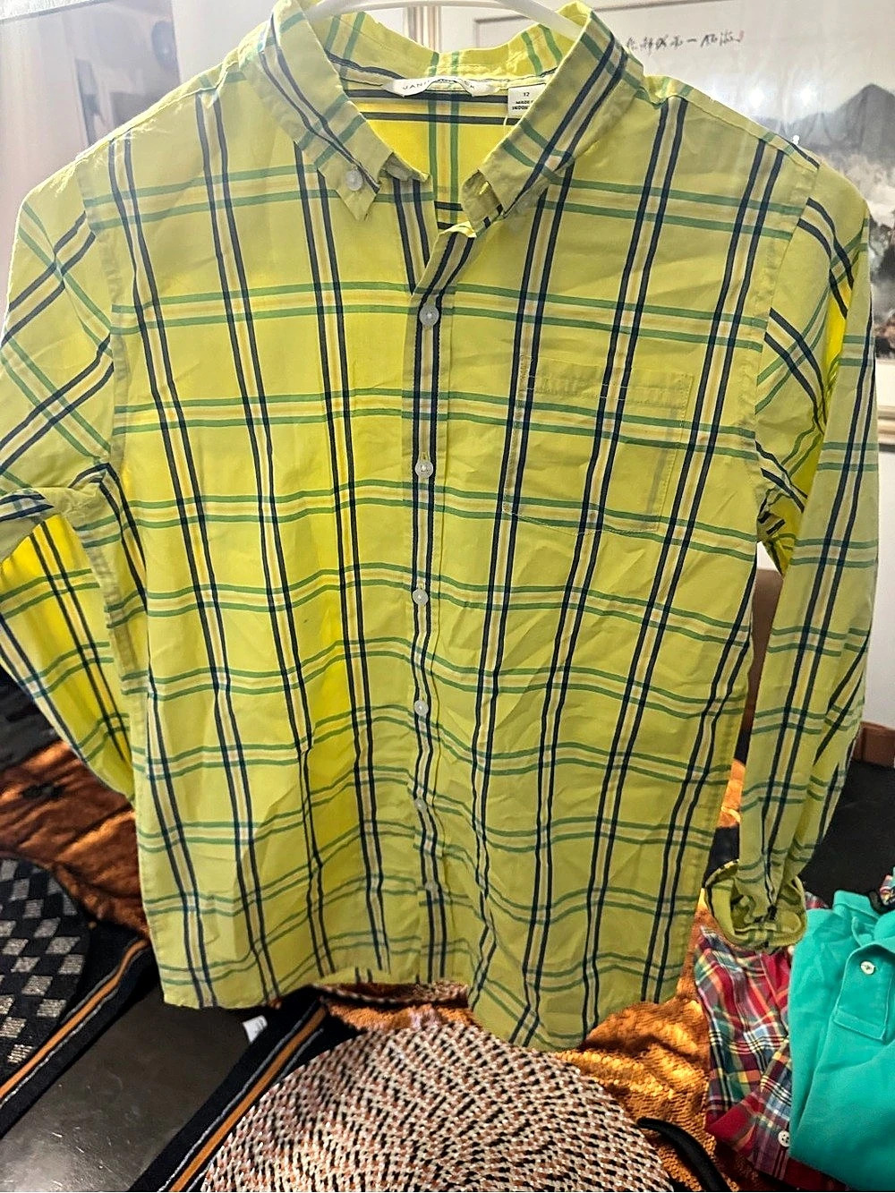 Janie and Jack The Plaid Poplin Shirt Plaid Button Down Yellow & Green Size 12